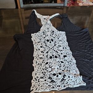 Hot Topic Black Tank Top with White Lace Skull Design